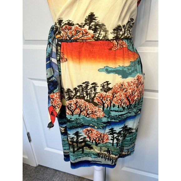 Carven Dress Asian Print Tie Wrap Scoop Neck Abstract Swoop Neck 36 8 / 10 - Picture 3 of 16